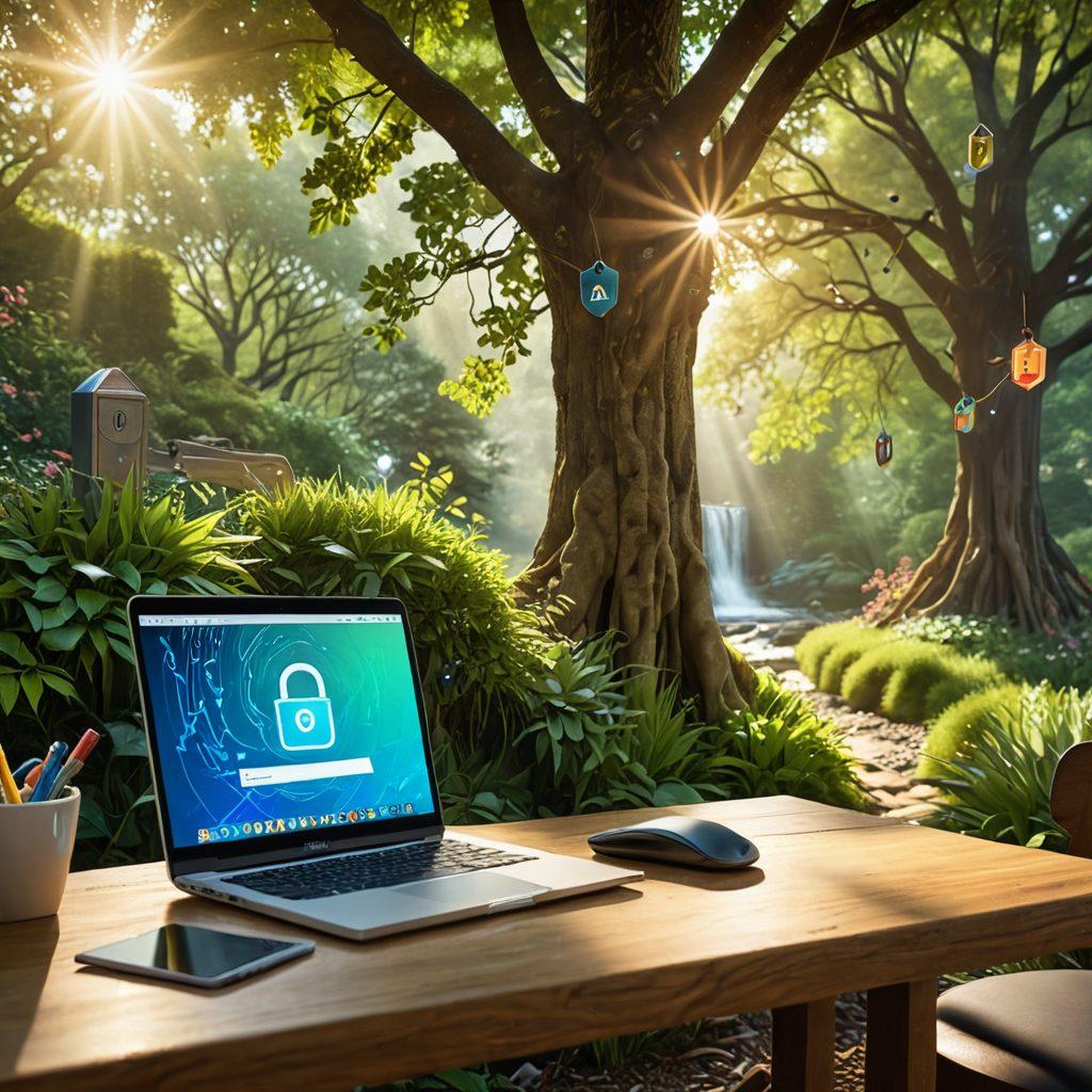 A key unlocking a digital lock surrounded by flowing streams of colorful data, symbolizing secure media transfers. In the backdrop, a blissful person using a laptop in a serene outdoor setting, representing freedom and happiness online. Bright sunlight filtering through trees, creating a warm atmosphere. Elements of security such as shields or locks subtly integrated into the streams of data. vibrant colors. super-realistic.