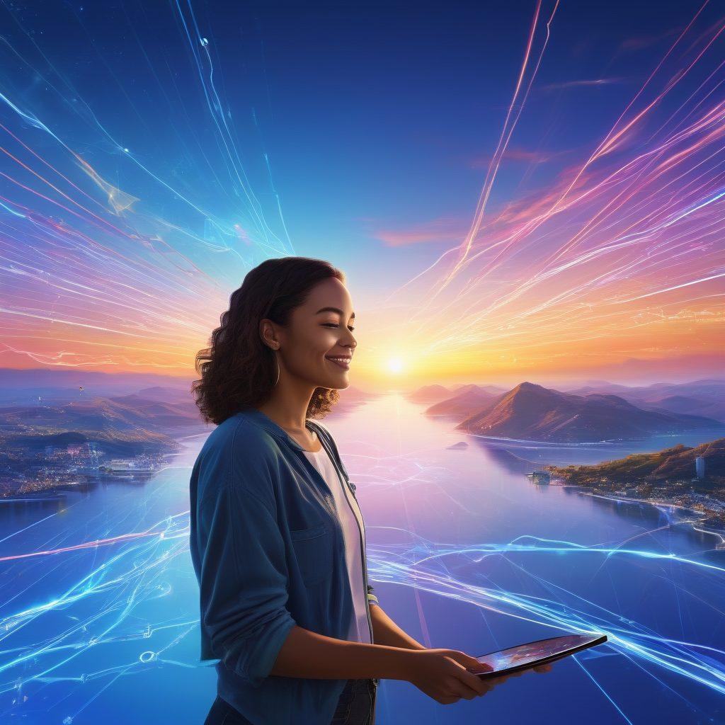 A vibrant digital landscape depicting interconnected devices showcasing peer-to-peer connections, with glowing lines symbolizing data flow. Include diverse individuals engaging with technology, smiling and sharing knowledge, to illustrate satisfaction and collaboration. The background should have floating icons representing different digital tools, blending seamlessly into a bright blue sky, conveying a sense of freedom and empowerment. super-realistic. vibrant colors.
