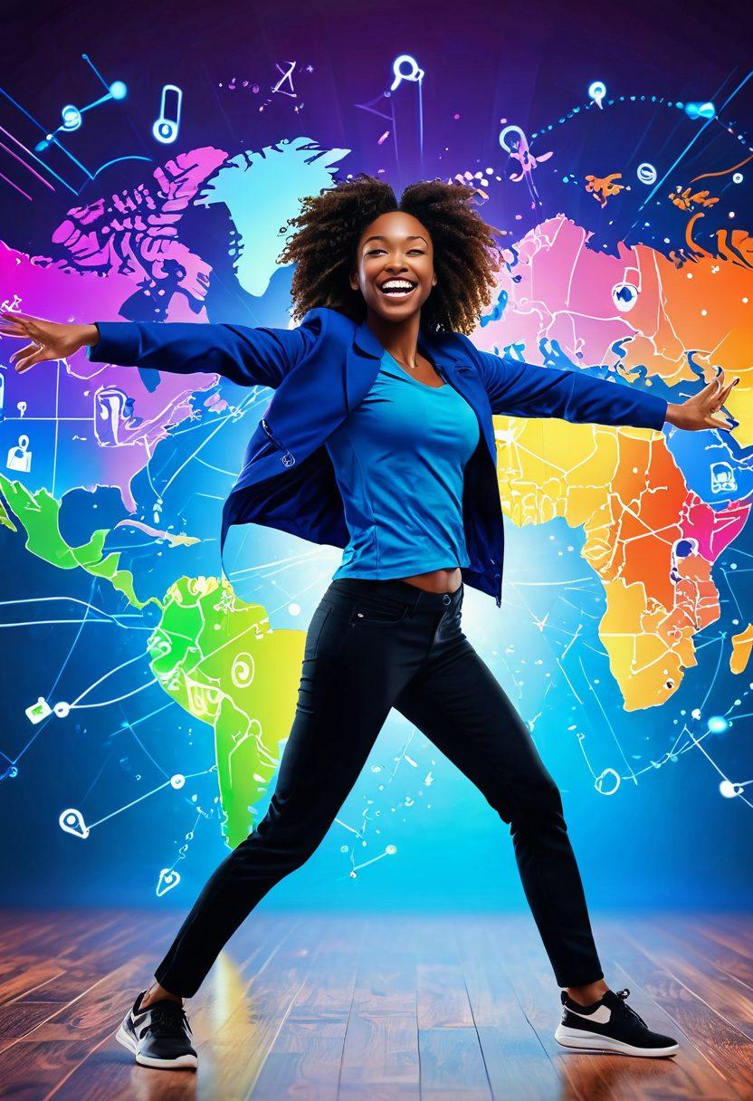 A vibrant illustration of a joyful character dancing in front of a digital world map filled with file icons, surrounded by symbols of security like padlocks and shields, representing happy and secure torrenting. The background features abstract waves of color symbolizing data flow, inviting and energetic. super-realistic. vibrant colors. 3D.